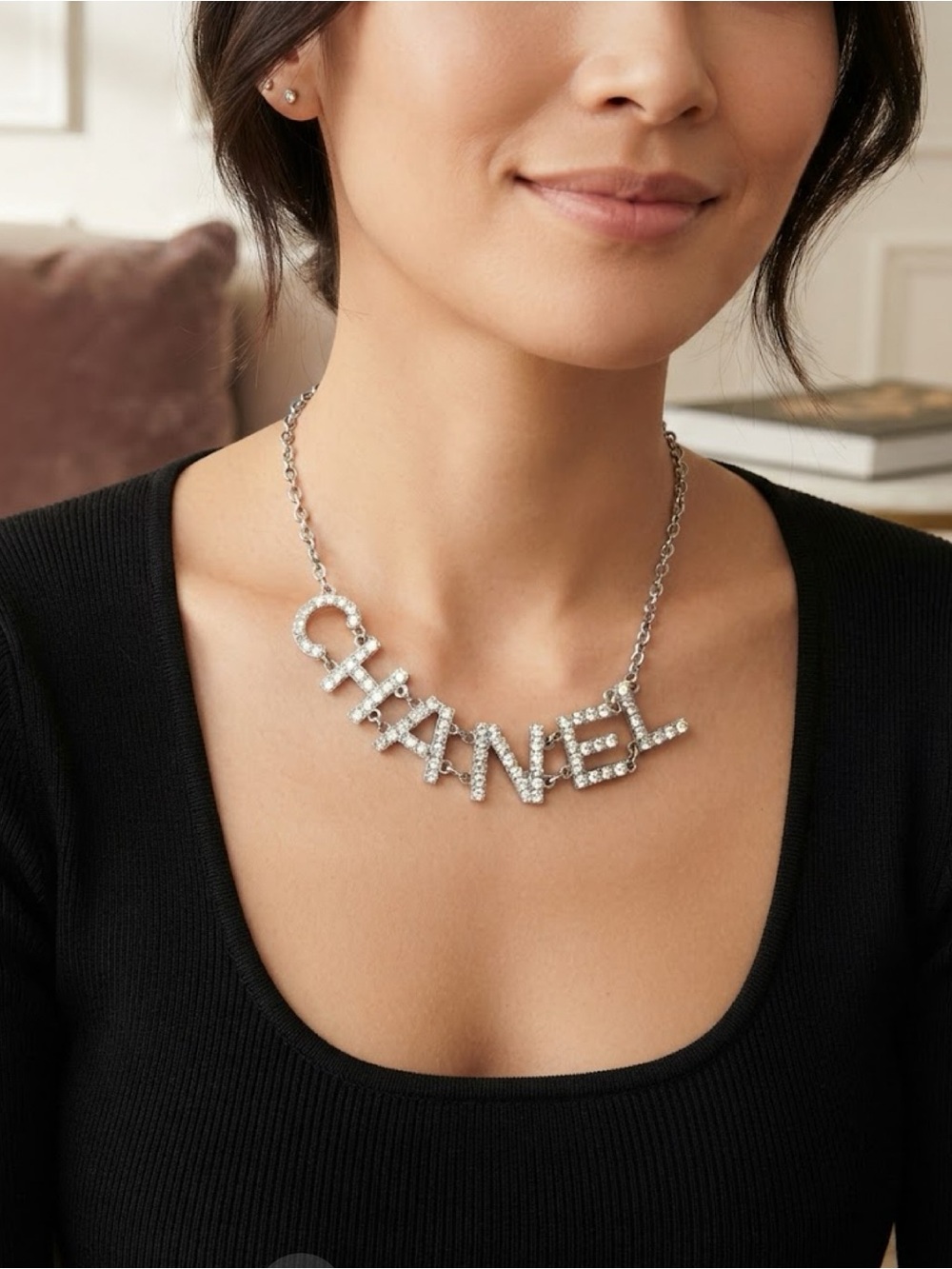 Brand New !  Silver Crystal Logo Nameplate Necklace